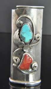   Silver Native American Turquoise Carnelian Lighter Holder Case  