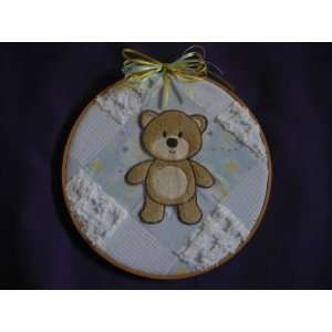 Teddy Bear Wall Hanging 10 1/2 inches with blue/white and yellow 