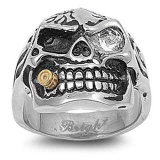 New Mens Stainless Steel Skull & Bullet Biker Ring   Sizes 9 15 