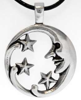 Moon Stars Man Silver Pewter Pendant Leather Necklace  