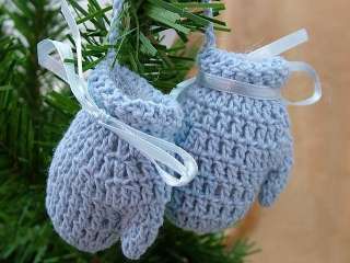New Crocheted Blue Baby Mittens Christmas Tree Ornament  