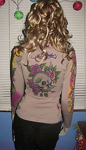 NEW ED HARDY SKULL & ROSES Knit ZIP FRONT SWEATER CARDIGAN M $189 