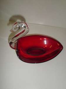 RUBY RED GLASS SWAN CANDY or NUT DISH  