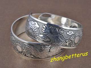   Silver Carved Dragon And Phoenix Bracelet Bangle Xmas gift  