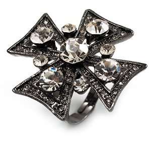  Vintage Diamante Cross Ring (Gun Metal Finish) Jewelry