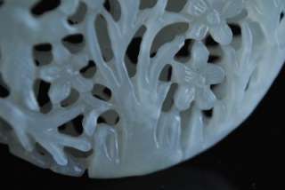   Chinese 2 layer Reticulated Jade Carved Plaque w Flowers Birds Deer