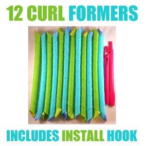   12 EXTRA LONG AND NARROW MAGIC SPIRAL HAIR CURLERS ROLLERS GREEN/BLUE
