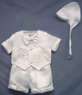  Boys Christening Set 5 pc with Cap Silver Embroidered Vest 