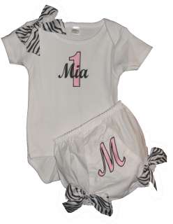 Personalized 1st Birthday Infant Baby Girl Onesie, Diaper Cover Zebra 