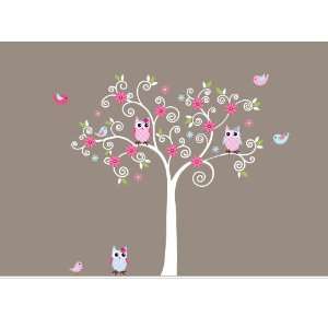  Vinyl Wall Decal Curl Tree Set with Birds and Owls 