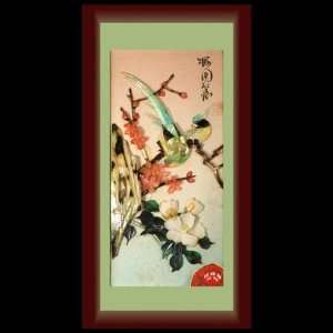  Oriental Mother of Pearl Picture Green Birds and Flowers 