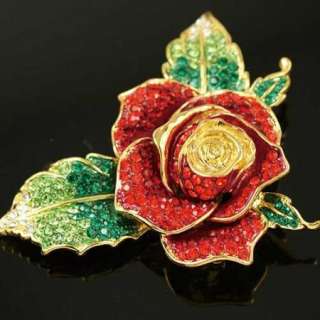 Swarovski Crystal Red Rose Leaf Gold GP Brooch Pin e17  