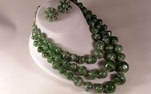 Germany 3 Strand Necklace Set Green w Metallic Beads  