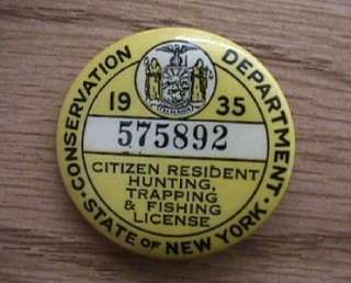   1935 NYS Conservation Dept. Hunting License Button   Spelled Correctly