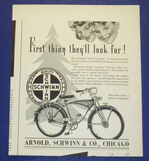 1939 SCHWINN BICYCLE SEAL OF QUALITY AD DECO ART  