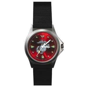  Field Watch, Black Nylon Strap, US Marine Logo, Red Face 