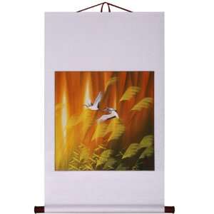   Oriental Wall Art Scroll   Cranes Fly Through Rushes With White Border