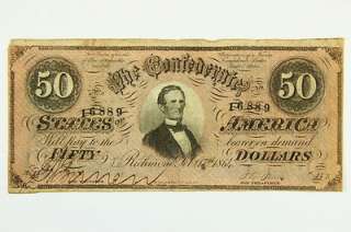 1864 Fifty Dollar $50 Bill Confederate States Obsolete Currency Note 