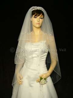 2T Ivory Waltz Knee Beaded Motifs Pencil Edge Bridal Wedding Veil 