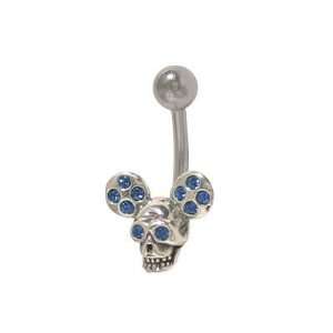  Skull with Mickey Mouse Ears Belly Ring with Dark Blue Cz 