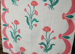   Hand Stitched Poppy Applique Antique Quilt ~Art Nouveau Design  