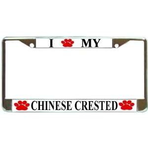 Love My Chinese Crested Paw Prints Dog Chrome Metal License Plate 
