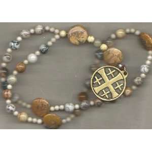  Anglican Prayer Beads of Lacey Agate, Jerusalem Cross 