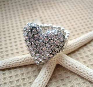 New Luxury Silver Full Rhinestone Heart Shape Adjustable Ring Elastic 