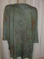 BFS12~NEW JANERIC Woman Green Striped Paisley Design 3/4 Slv Shirt Top 