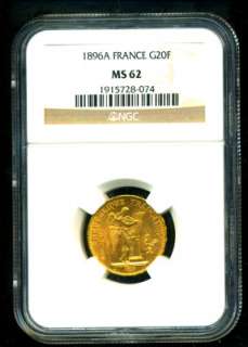 1896 FRENCH ANGEL GOLD COIN 20 FRANCS * NGC CERTIFIED GENUINE & GRADED 