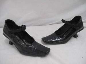 Prada Black Leather Square Toe Nylon Strap Curved Heels 36  