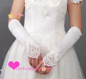 Wedding Satin Lace beads Fingerless bridal Gloves #1  