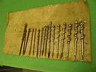 VINTAGE LOT OF 16 AUGER BITS USED VARIOUS BRANDS WITH CANVAS ROOL