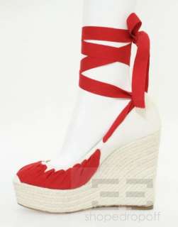   Louboutin Ivory & Red Canvas Wrap Around Espadrille Wedges Size 39