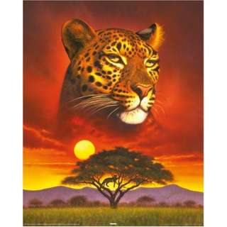 Poster Astral Leopard   Afrika Savanne Affenbrotbaum Sonnenuntergang 