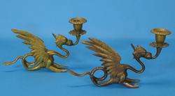 Antique English Griffin Brass Candle Holders c 1890  