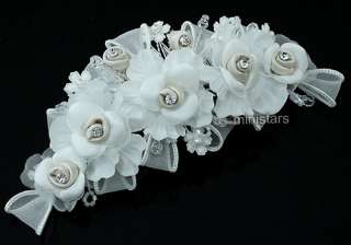 Bridal Ivory Fabric Flower Crystal Handmade Hair Comb T1442  