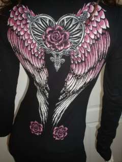Scrolls Angel Wings Heart Roses Tattoo Black Pink Tee T Shirt  