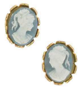 Vintage Blue White Cameo Lady Necklace Dainty Pierced Earrings Jewelry 