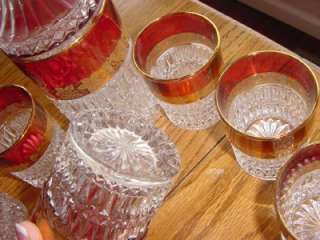   Bar Set DECANTER & 6 Glasses heavy CUT GLASS Ruby Red w gold leaf Vtg