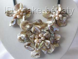   handmade baroque freshwater pearl shell flower leather necklace  