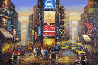 Times Square New York City Manhattan Cabs Taxis Shoppers Oil On Canvas 