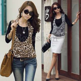 New Korea Womens Long Sleeve Tops 2 PCS Blouse Shirt+Leopard Print 