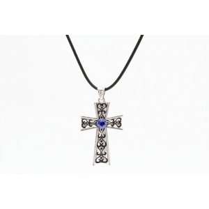 Cross with Blue Gem   Led free Pewter Jewelry Necklace Collection 