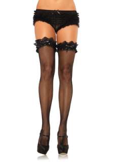 Garter Top Fishnet Thigh High Stockings with Rhinestone Bow Accent for 