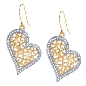  14K Yellow and White Gold Filligree Heart Drop Earrings Jewelry