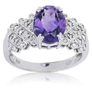  10k White Gold, Amethyst and Diamond Ring 6.5 Jewelry