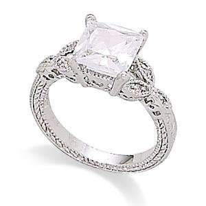 Antique Design Square CZ and Pave Ring Rhodium Plated Sterling Silver 