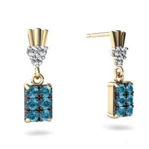  14K Yellow Gold Blue Diamond Dangle Drop Earrings Jewelry