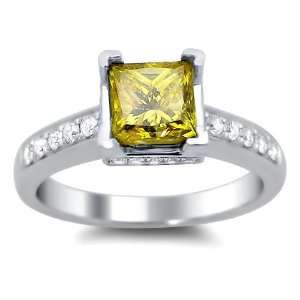   57ct Canary Yellow Princess Cut Diamond Engagement Ring 14k White Gold
